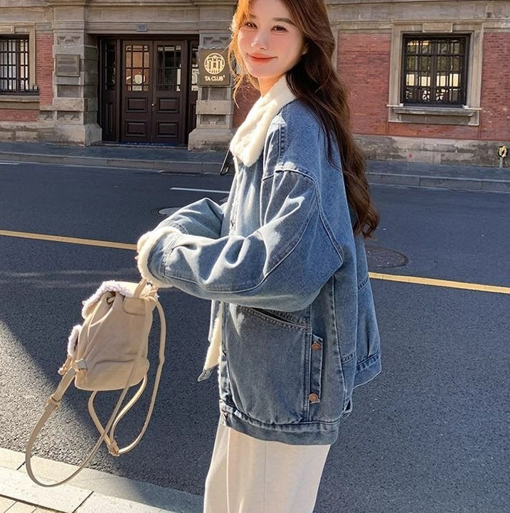 Loose Salt-Style Jacket Top for Women – Blue Cotton with White Fur (S–XL)