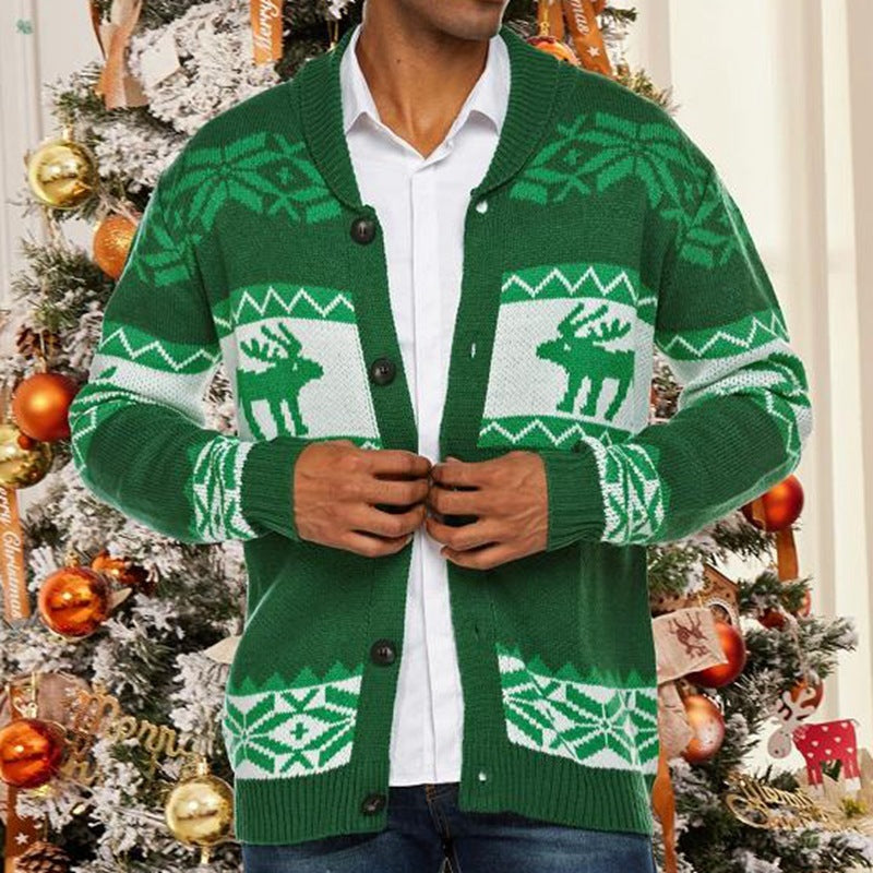 Men’s Christmas Jacquard Button Cardigan Sweater Coat – Holiday Knitwear