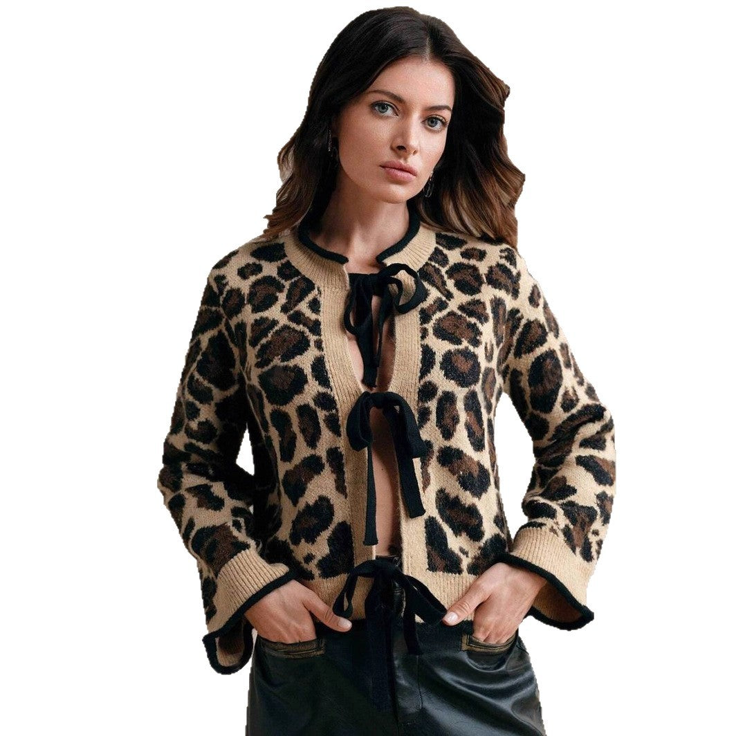 Internet Celebrity Rope Knit Top Coat for Women – Leopard Print Long Sleeve Cardigan | Winter