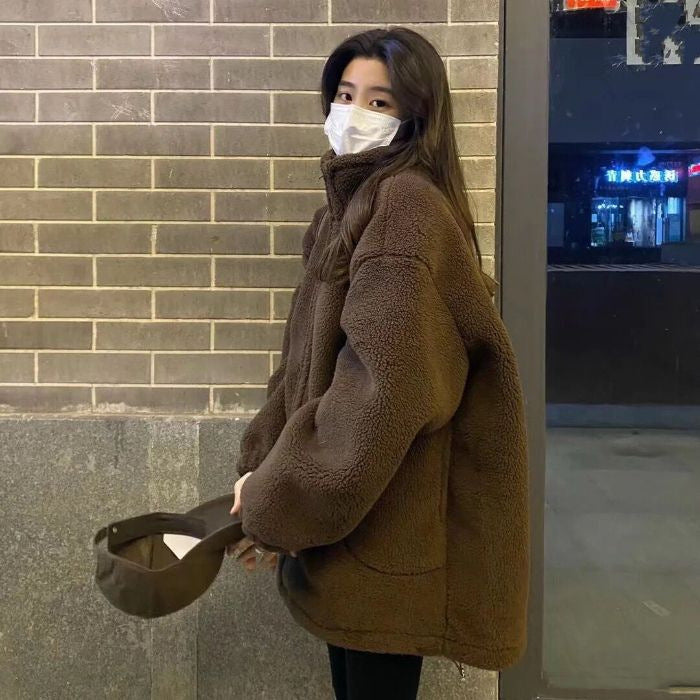 Thickened Particle Lamb Fleece Coat for Women – Beige & Brown Regular Fit (S–2XL) | Winter