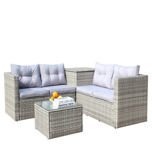 4 Piece Patio Sectional Wicker Rattan Outdoor Furniture Sofa Set With Storage Box Grey - GM Traders