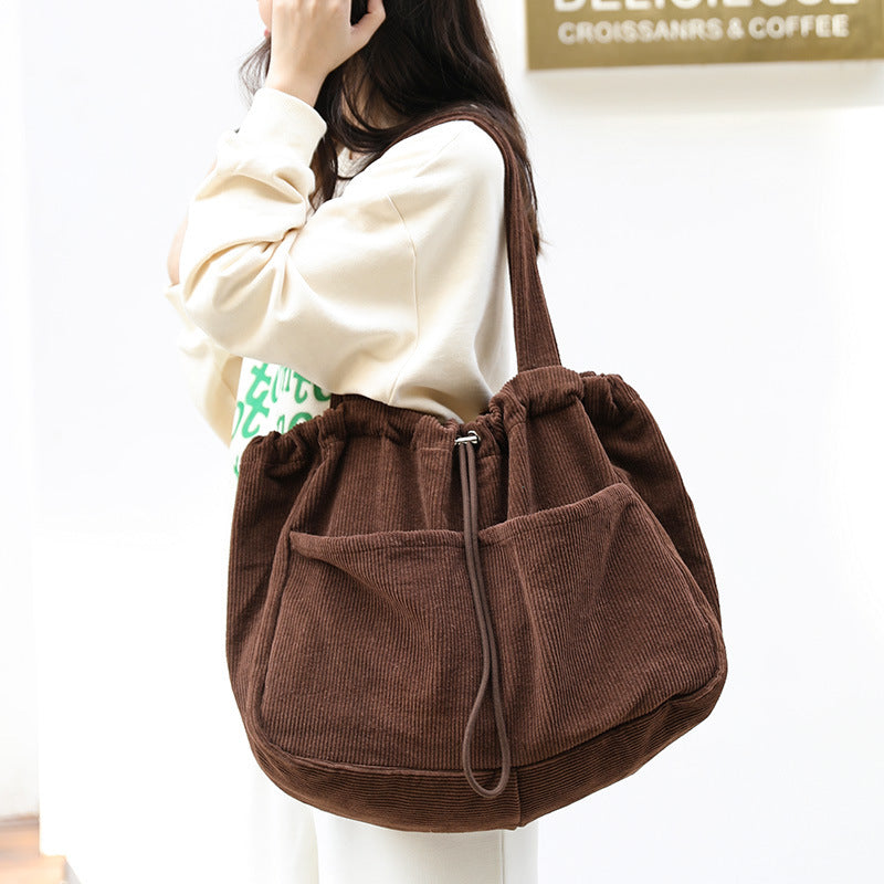 Ins Corduroy Shoulder Bags Drawstring Multi-pocket Handbag Women Underarm Bags - GM Traders