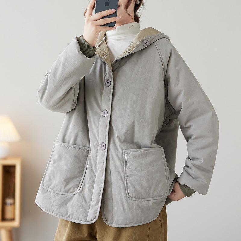 Retro Workwear Short Hooded Cotton Jacket – Light Gray Elegant Commuting (M–2XL)