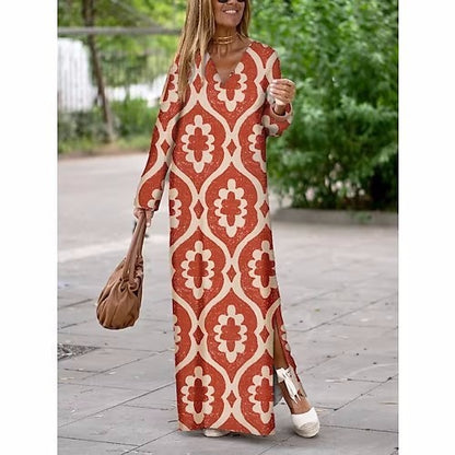 Women’s Summer Long Dress – Geometric Print V-Neck with Slit