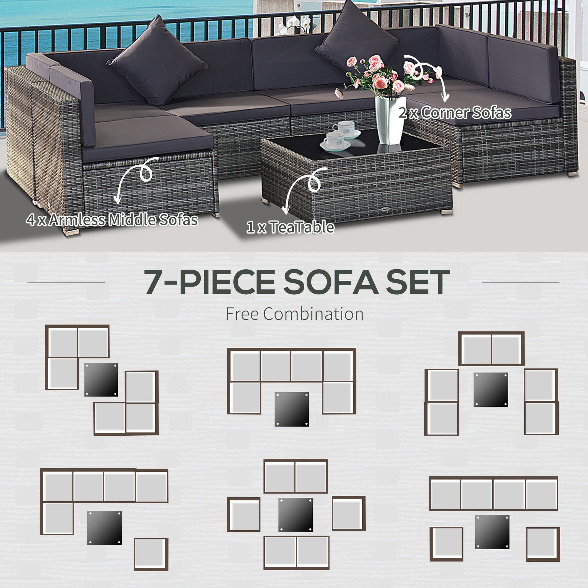 “7-Piece Wicker Patio Set – Outdoor Sectional Sofa with Cushions & Glass Table (Gray)” 🛋️✨ - GM Traders