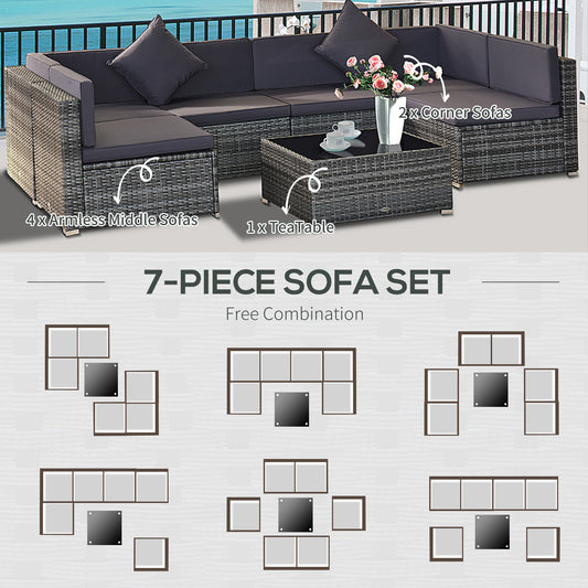 “7-Piece Wicker Patio Set – Outdoor Sectional Sofa with Cushions & Glass Table (Gray)” 🛋️✨ - GM Traders