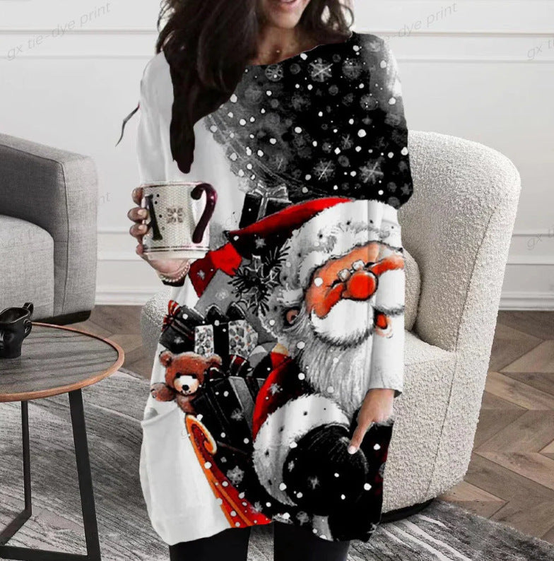 Long Christmas Snowflake Round Neck Dress