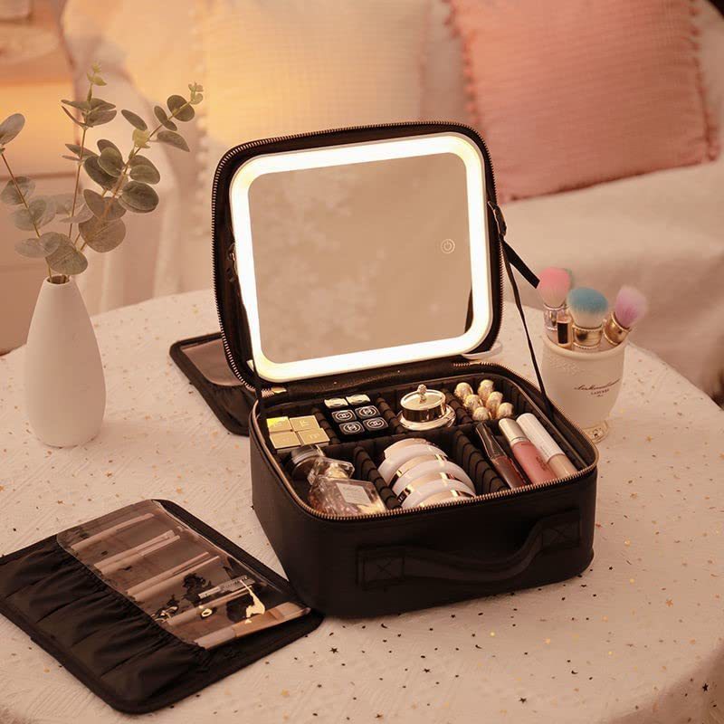 Multifunctional Partition Portable Waterproof Large Capacity Led Mirror Cosmetic Bag