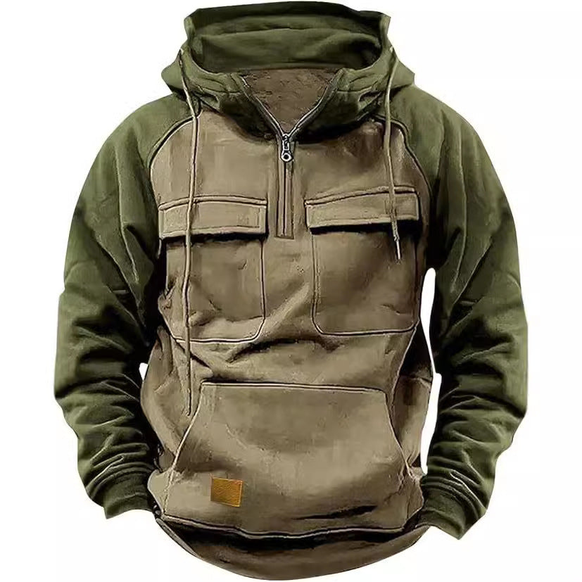 Fall Winter Retro Cargo Half-Zip Hoodie for Men – Thick Fleece Multi-Pocket Outdoor Jacket | Dubai UK USA
