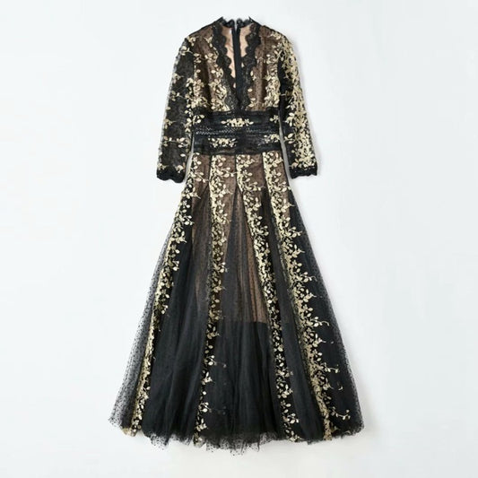 Embroidery Mesh Black Dress Women - GM Traders