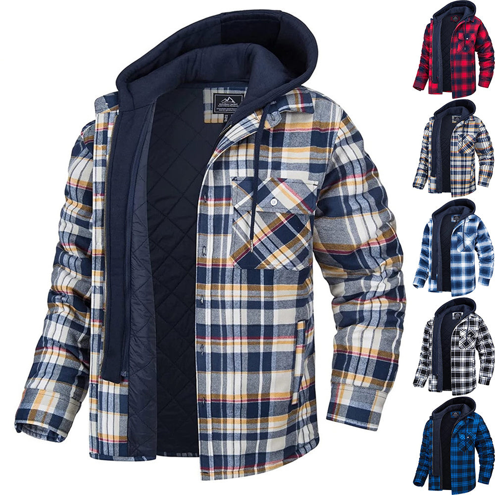 Men’s Plaid Hooded Winter Coat – Thick Padded Button & Zip-Up Jacket | Casual Warm Outerwear