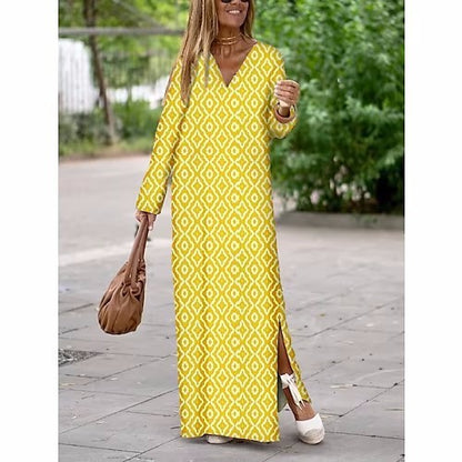 Women’s Summer Long Dress – Geometric Print V-Neck with Slit