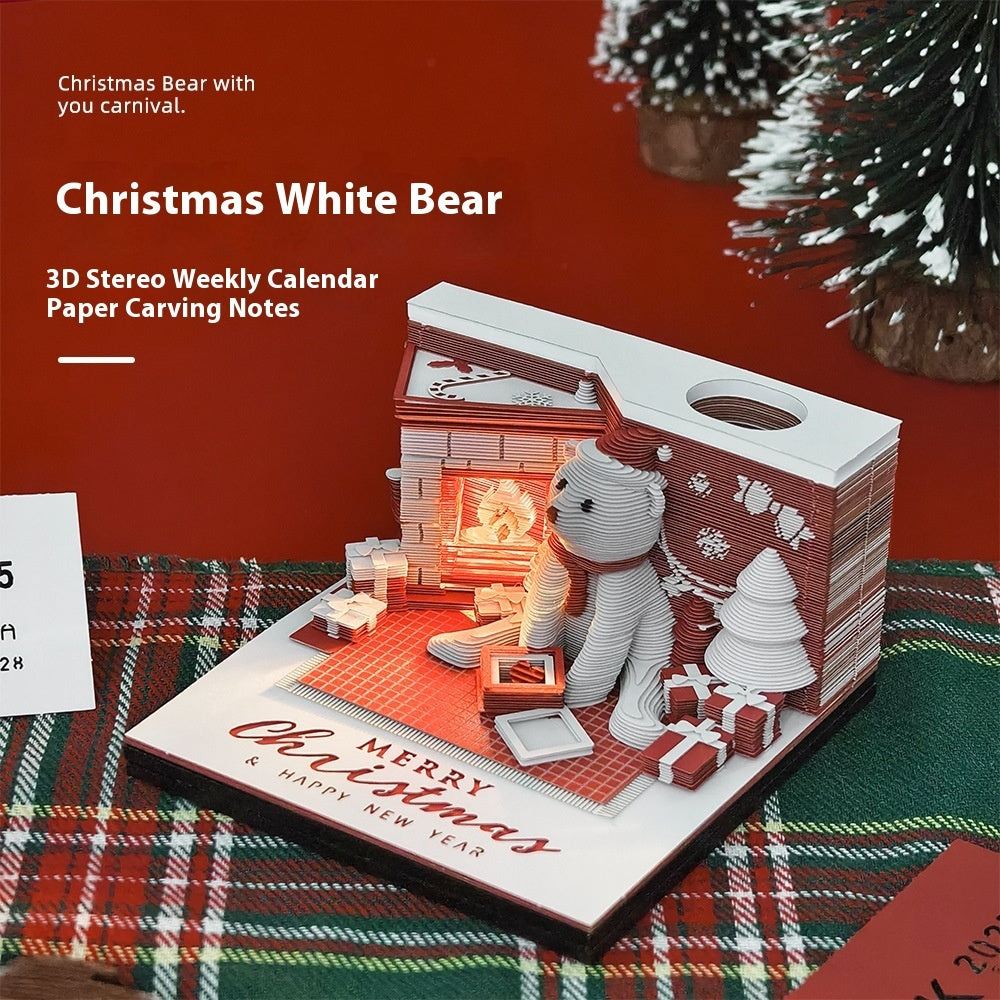 Christmas Gift 3D Three-Dimensional Paper Carving Note – Laser Engraved White Bear Design | Festive Desk Decoration & Creative Gift