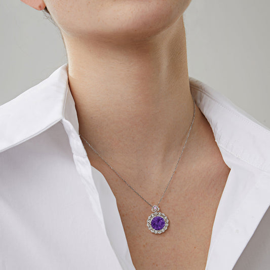 Luxurious S925 Silver Set Natural Amethyst Pendant Female Vintage Pattern Senior Jewelry Quality Sweater Chain - GM Traders