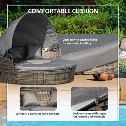 Outsunny Outdoor PE Rattan Garden Furniture With Cushioned, Patio Wicker Conversation Furniture Set, Round Daybed With Retractable Canopy, Coffee Table And Three Pillows, Dark Grey