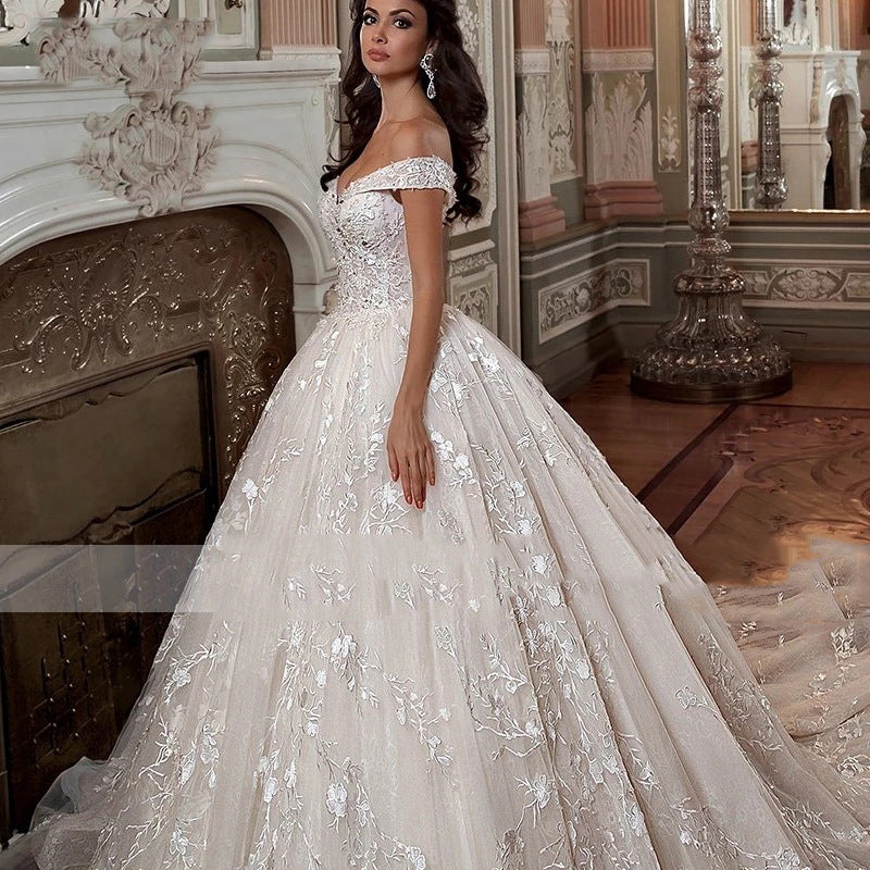 Off-Shoulder French Style Bridal Wedding Dress – Elegant Mori Trailing Gown