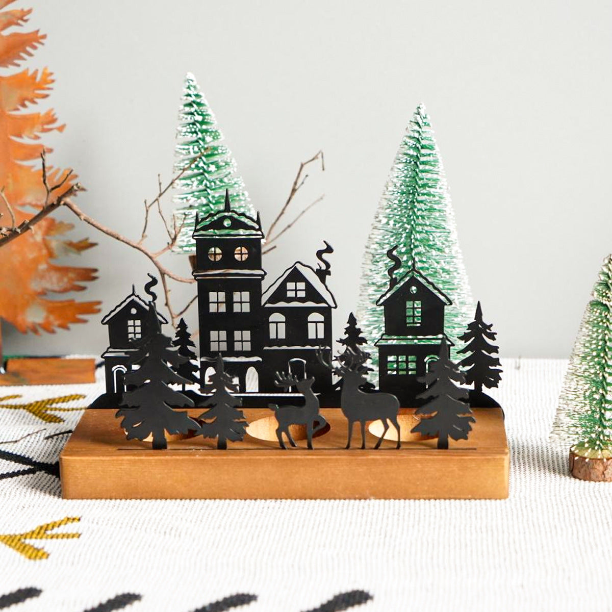 Wrought Iron Christmas Tree Candle Stick with Wooden Base – Elegant Half-Handmade Candle Holder for Holiday Home Décor