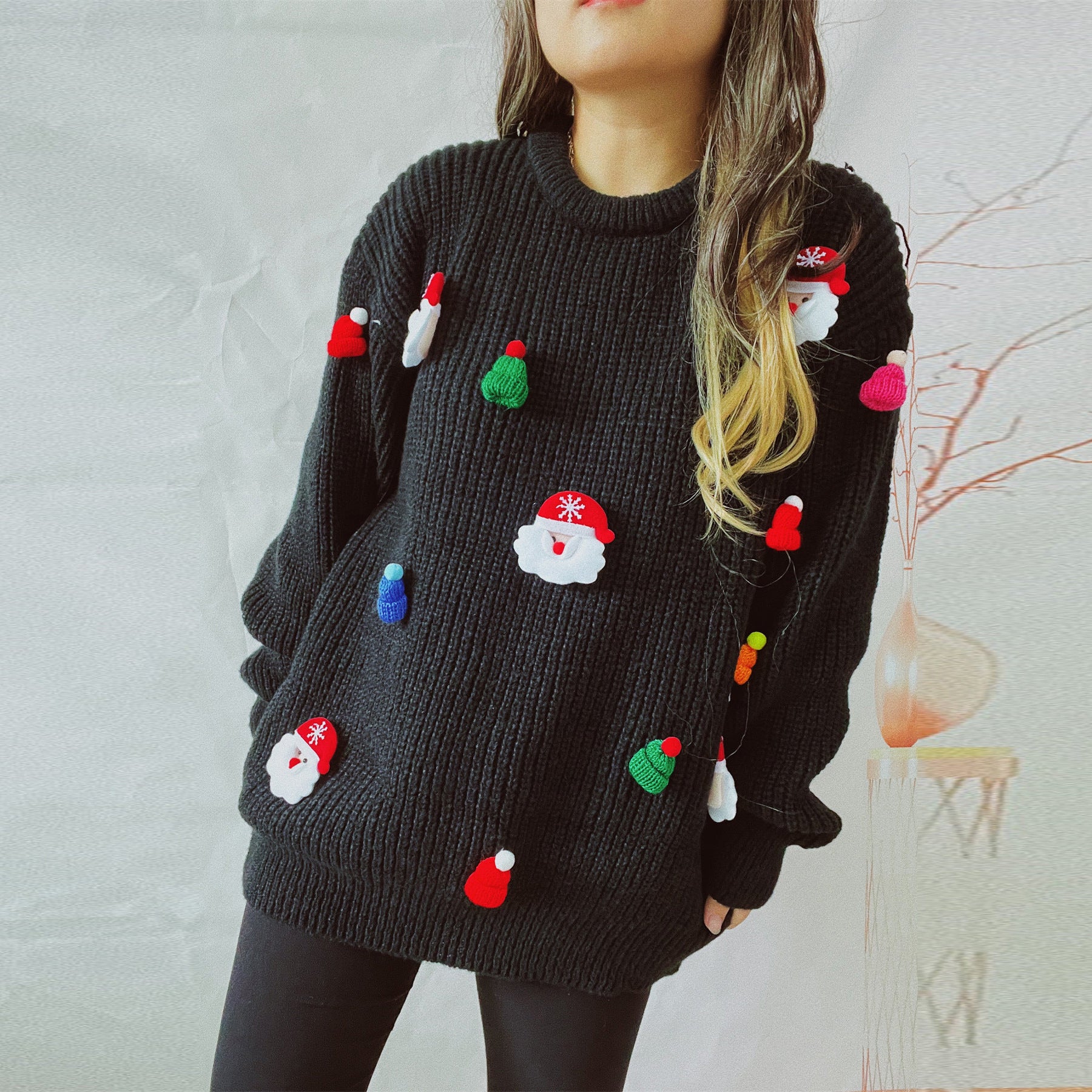 Women’s Cute Santa Claus 3D Decoration Round Neck Long Sleeve Sweater – Christmas Holiday Knitwear