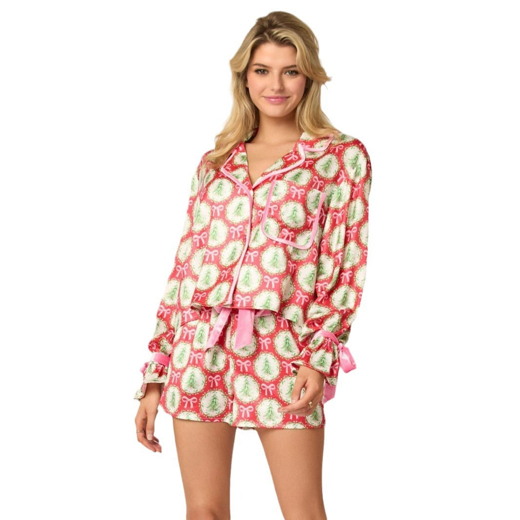 Women’s 2-Piece Christmas Pajama Set – Santa & Tree Print Lapel Button-Up Long Sleeve Top with Matching Shorts