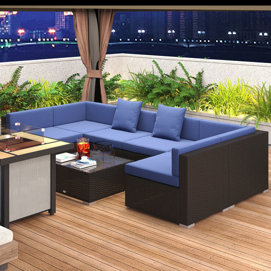 7-Piece Rattan Couch, Outdoor Patio Furniture Set, With Removable Cushions And Ottoman, Glass Coffee Table- Dark Coffee  Blue - GM Traders