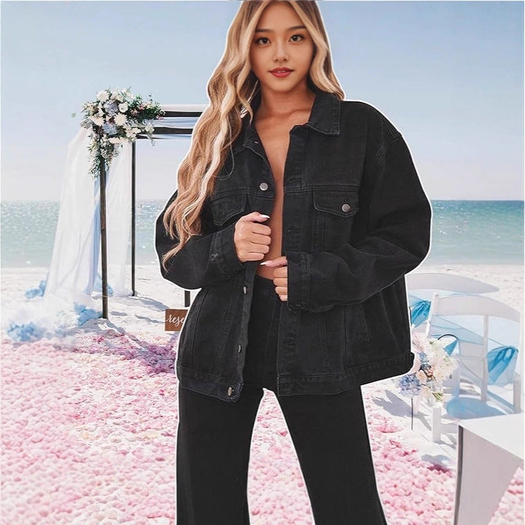 Fashion Denim Jacket Top for Women – Black Loose Fit (S–2XL)