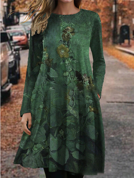 European And American Summer 3D Printing Dress Floral Round Neck Long Sleeve
